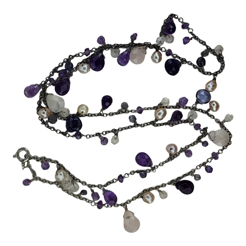 Sterling Silver‎ 925 Necklace Faceted Amethyst Clear Quartz Pearl Beaded Dangle